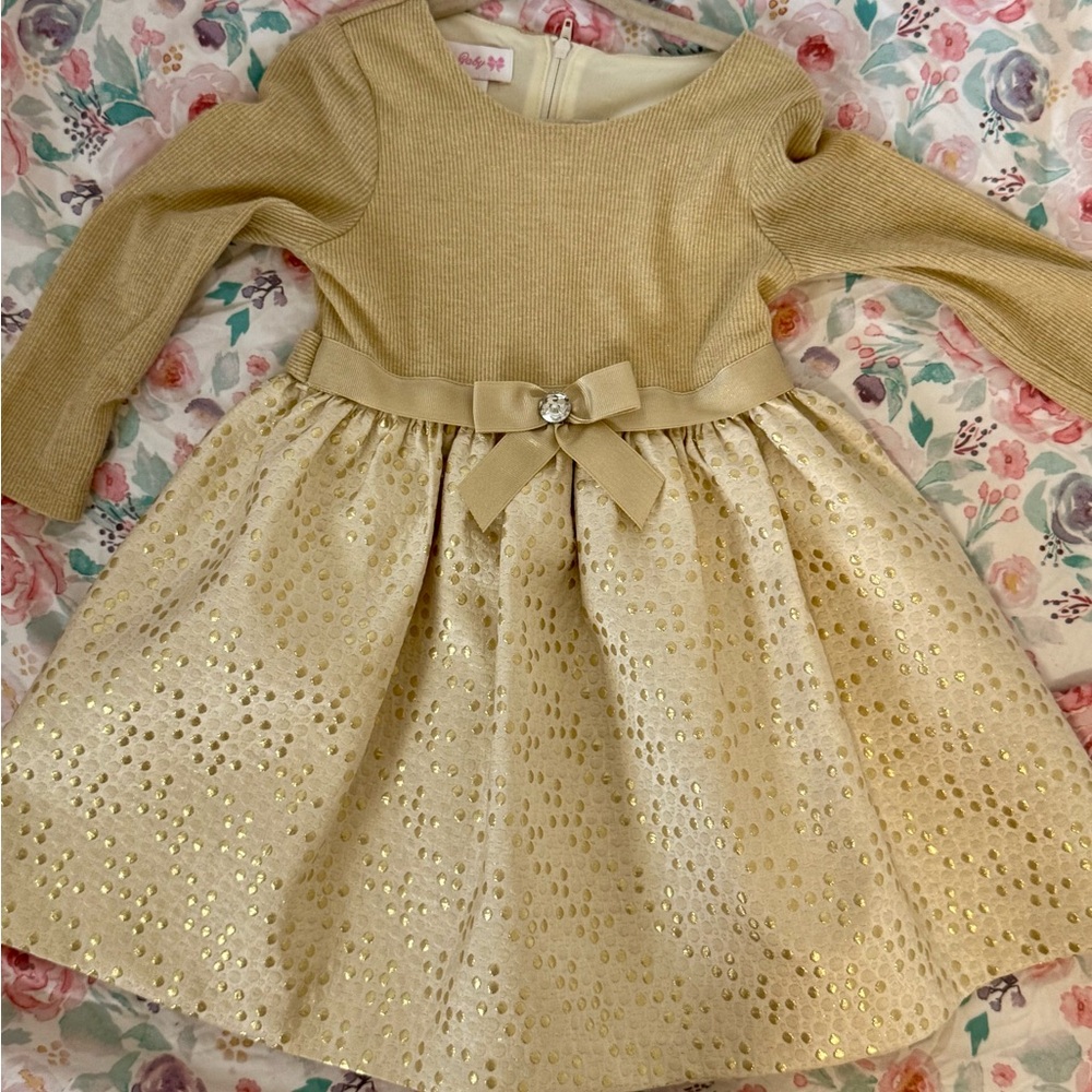 Bonnie Baby Gold and Cream Fit and Flare Dress with Cut Out Details